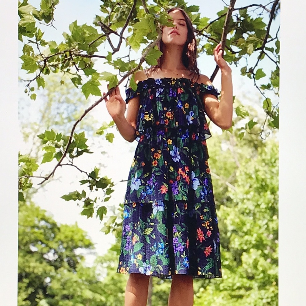 Club Monaco Black Floral Off-Shoulder Midi Dress
